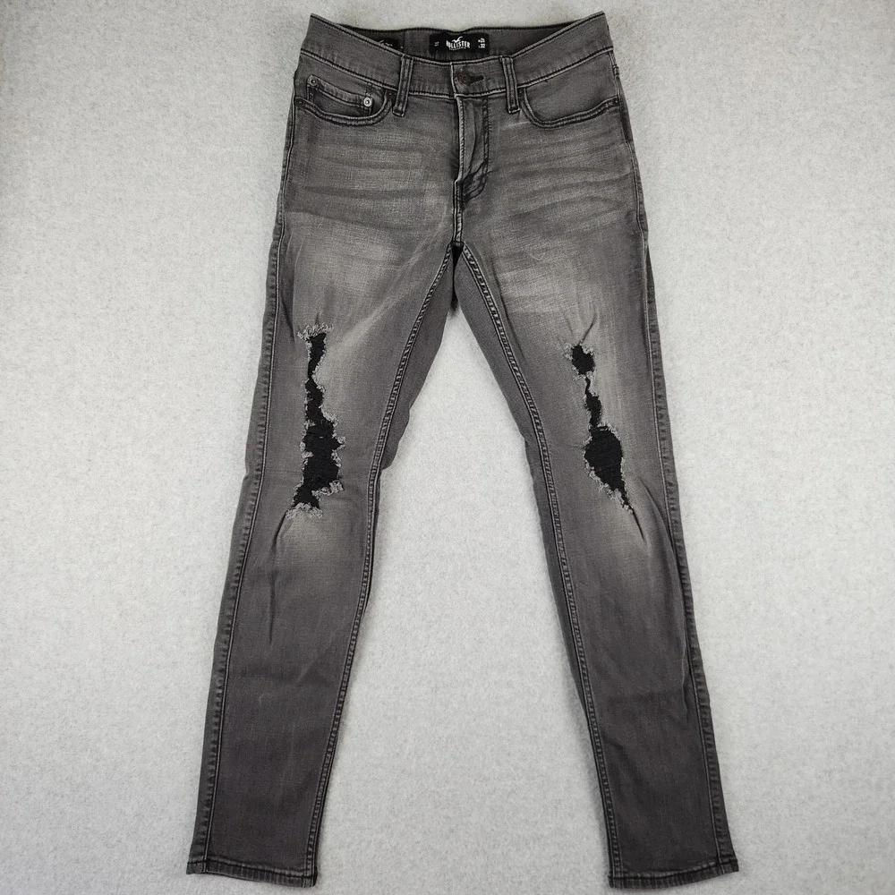 Hollister Ripped Jeans Men's W29 L32 Gray Black Skinny Leg‎ Stretch Distressed